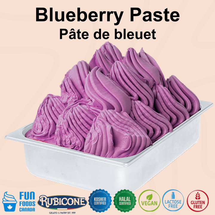 Rubicone Blueberry Paste for authentic Italian gelato, shown as smooth, creamy blueberry gelato with a vibrant purple-blue colour in a display pan.