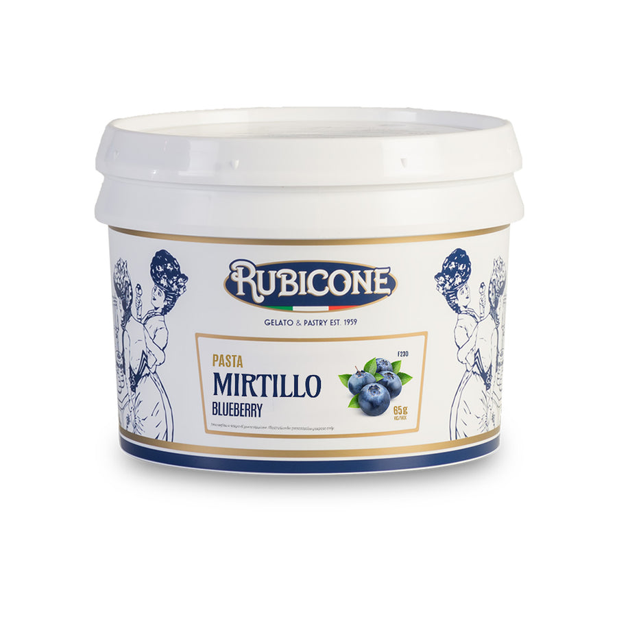3 KG bucket of Rubicone Blueberry fruit gelato paste on a white background