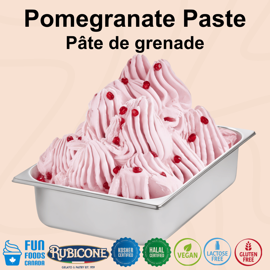 Rubicone Pomegranate Paste for authentic Italian gelato, shown as smooth, creamy pomegranate gelato with pomegranate pieces in a vibrant ruby-red colour in a display pan.