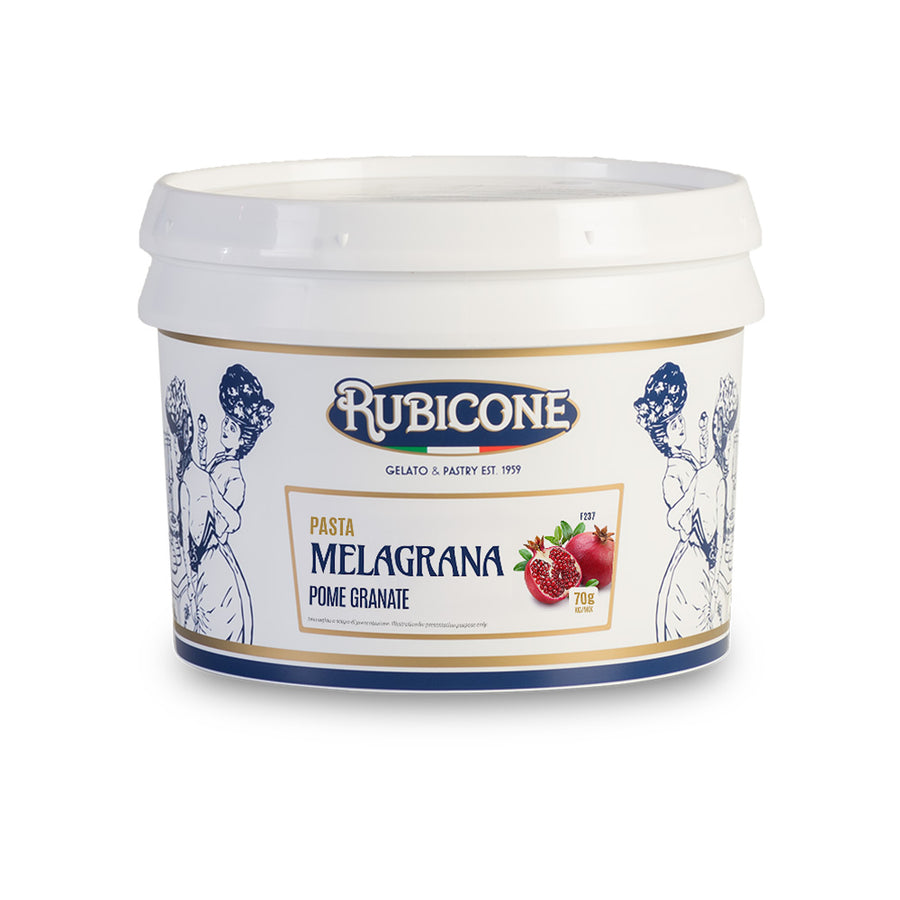 3 KG bucket of Rubicone pomegranate fruit gelato paste on a white background