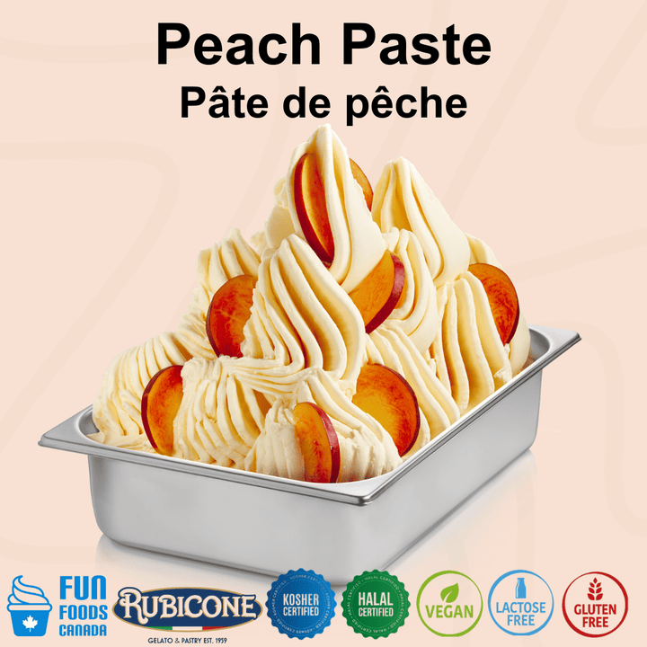 Rubicone Peach Paste for authentic Italian gelato, shown as smooth, creamy peach gelato topped with fresh peach slices in a display pan.
