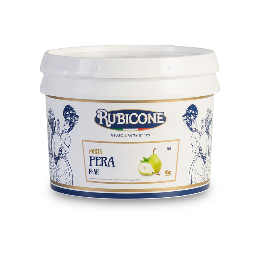 3 KG bucket of Rubicone Pear fruit gelato paste on a white background