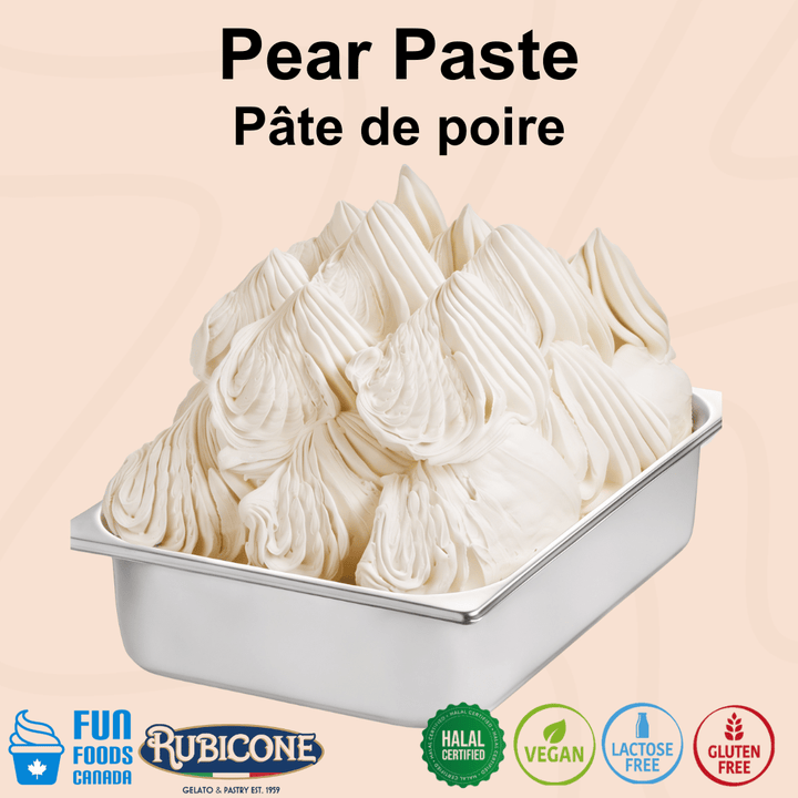 Rubicone Pear Paste for authentic Italian gelato, shown as smooth, creamy pear gelato in a display pan
