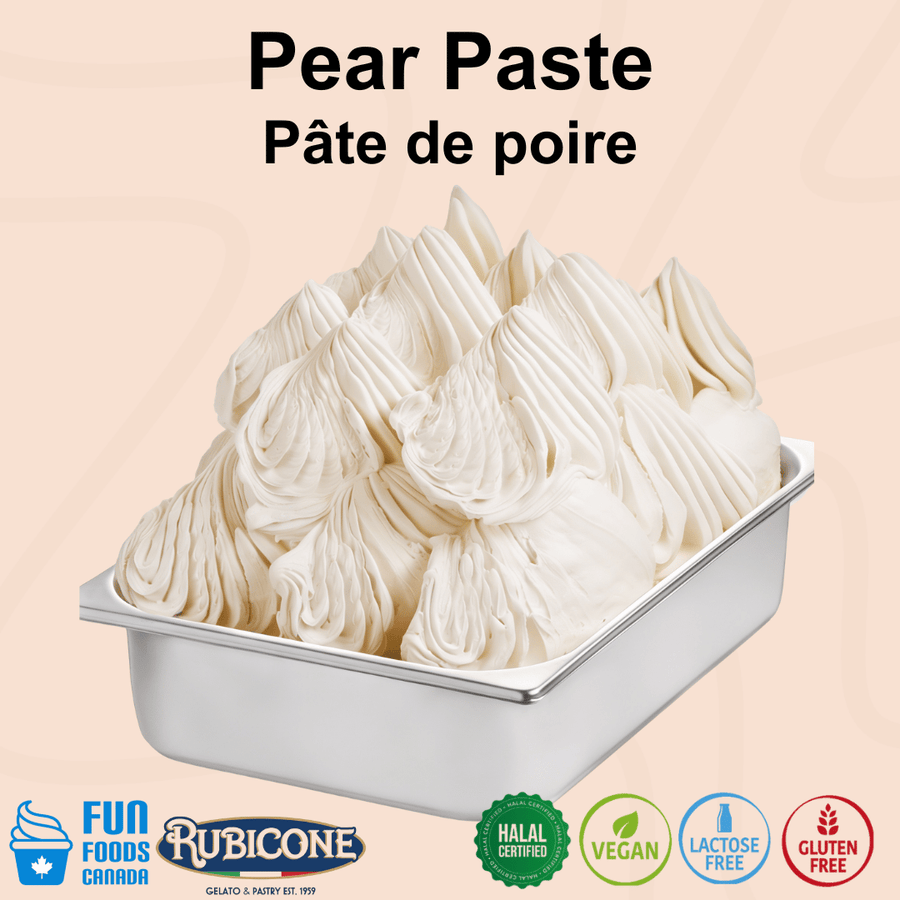 Rubicone Pear Paste for authentic Italian gelato, shown as smooth, creamy pear gelato in a display pan