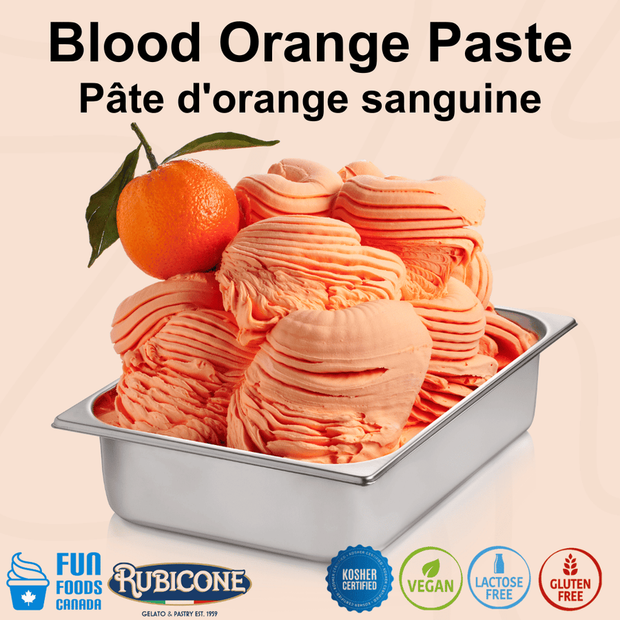 Rubicone Blood Orange Paste with creamy blood orange gelato topped with a whole orange in a display pan.