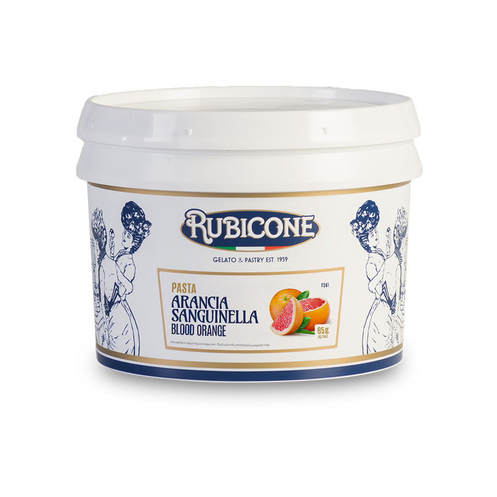3 KG bucket of Rubicone blood orange fruit gelato paste on a white background - Canadian distribution of Rubicone gelato and pastry products
