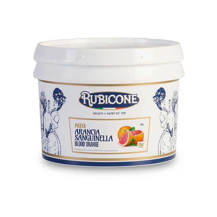 3 KG bucket of Rubicone blood orange fruit gelato paste on a white background - Canadian distribution of Rubicone gelato and pastry products