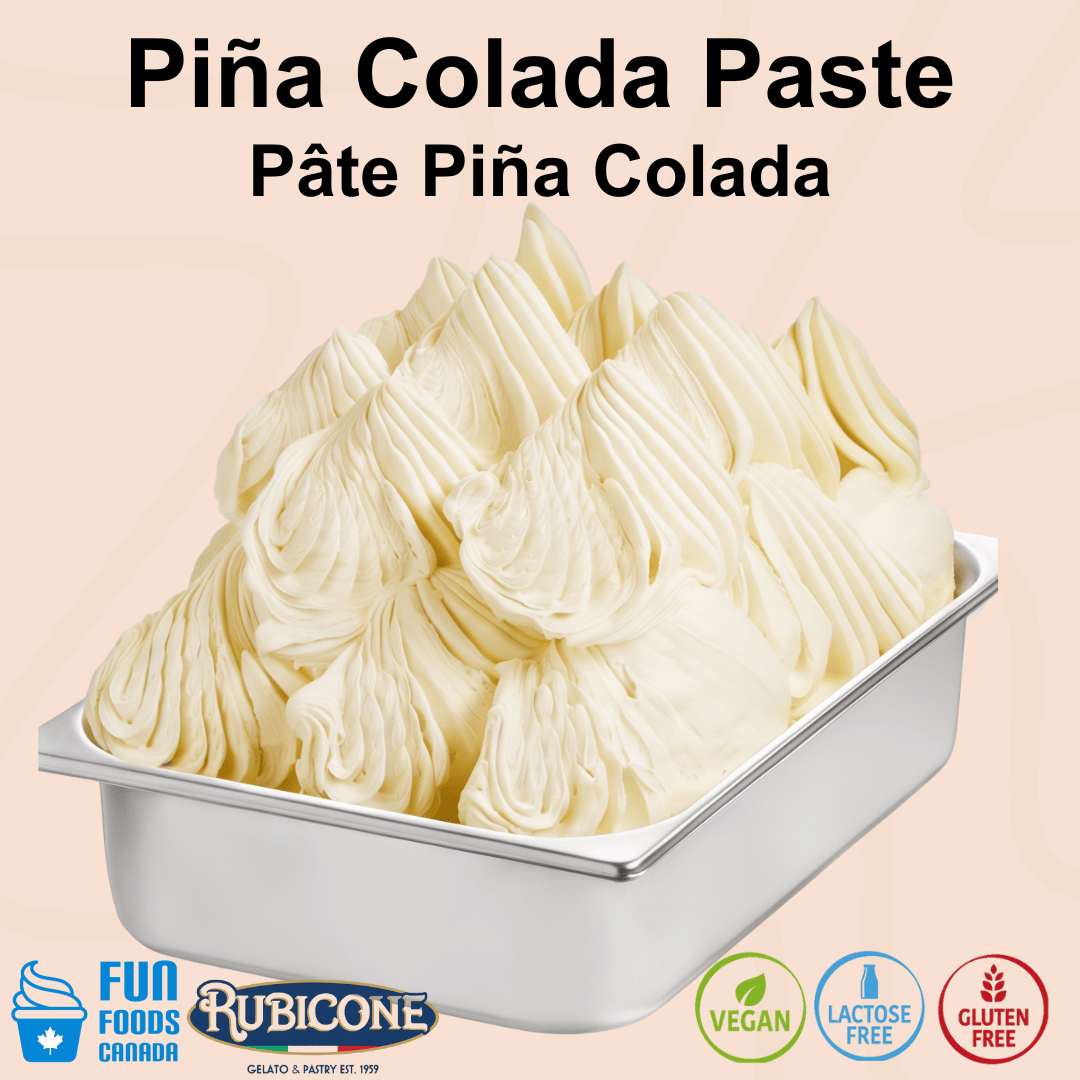 Rubicone Piña Colada Paste for authentic Italian gelato, shown as smooth, creamy piña colada gelato with tropical pineapple and coconut flavours in a display pan.
