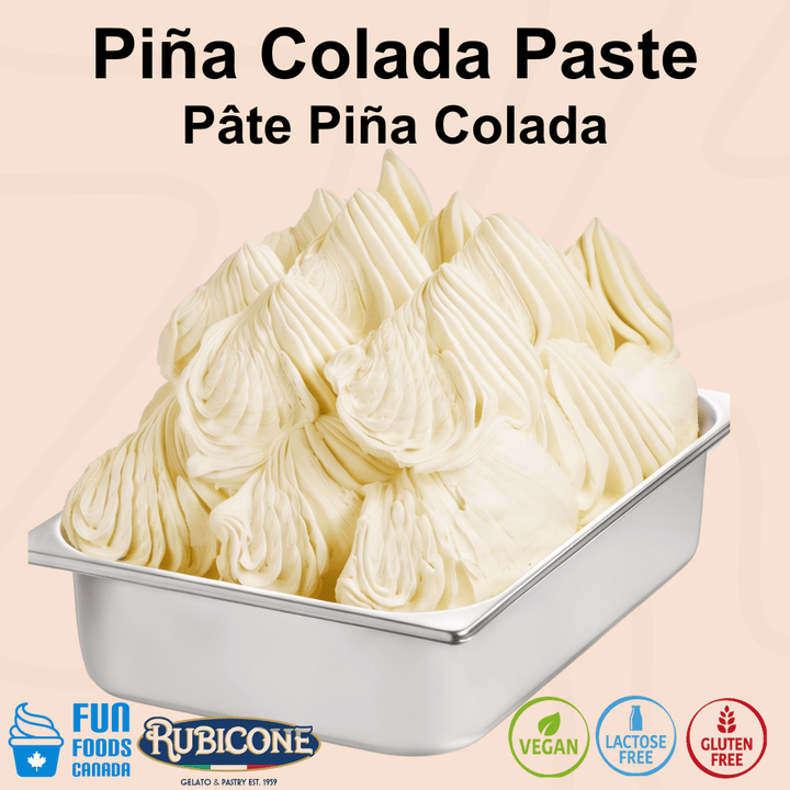 Rubicone Piña Colada Paste for authentic Italian gelato, shown as smooth, creamy piña colada gelato with tropical pineapple and coconut flavours in a display pan.