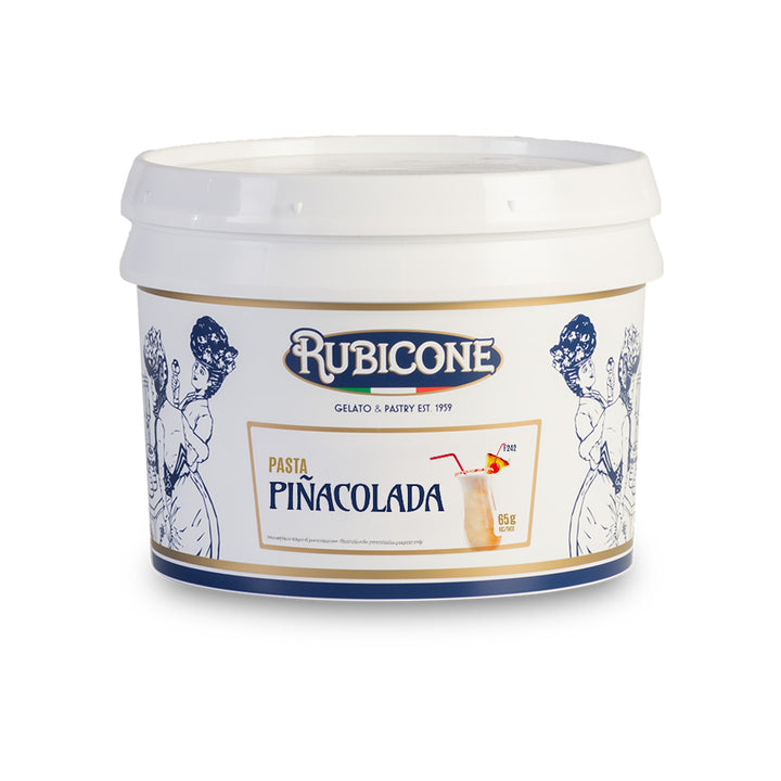 3 KG bucket of Rubicone Pina Colada fruit gelato paste on a white background