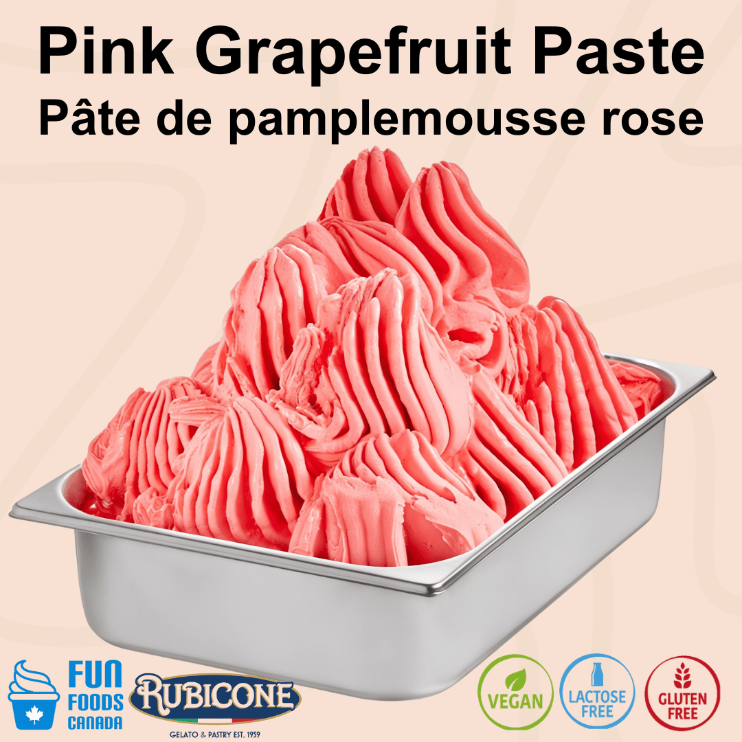 Rubicone Pink Grapefruit Paste for authentic Italian gelato, shown as smooth, creamy pink grapefruit gelato with a delicate pink colour in a display pan.