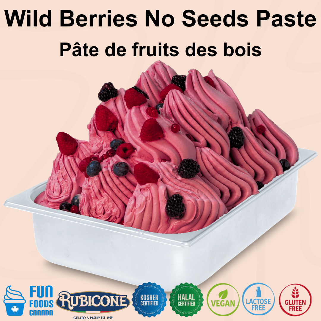 Rubicone Wild Berries Paste for authentic Italian gelato, shown as smooth, creamy seedless mixed berry gelato with a vibrant berry colour topped with fresh wild berry pieces in a display pan.