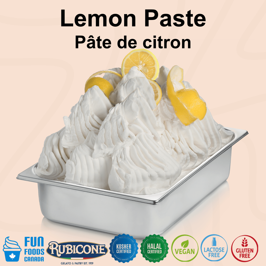 Rubicone Lemon Paste for authentic Italian gelato, shown as smooth, creamy lemon gelato topped with fresh lemon slices in a display pan.