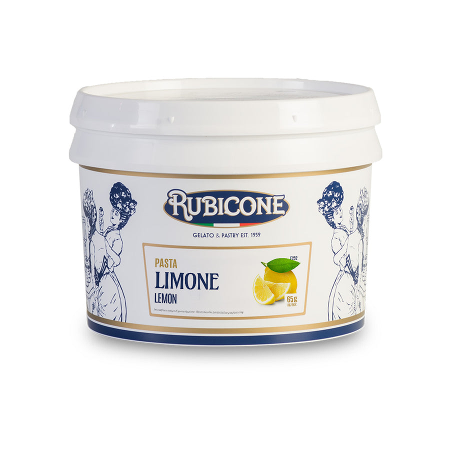 3 KG bucket of Rubicone Lemon fruit gelato paste on a white background