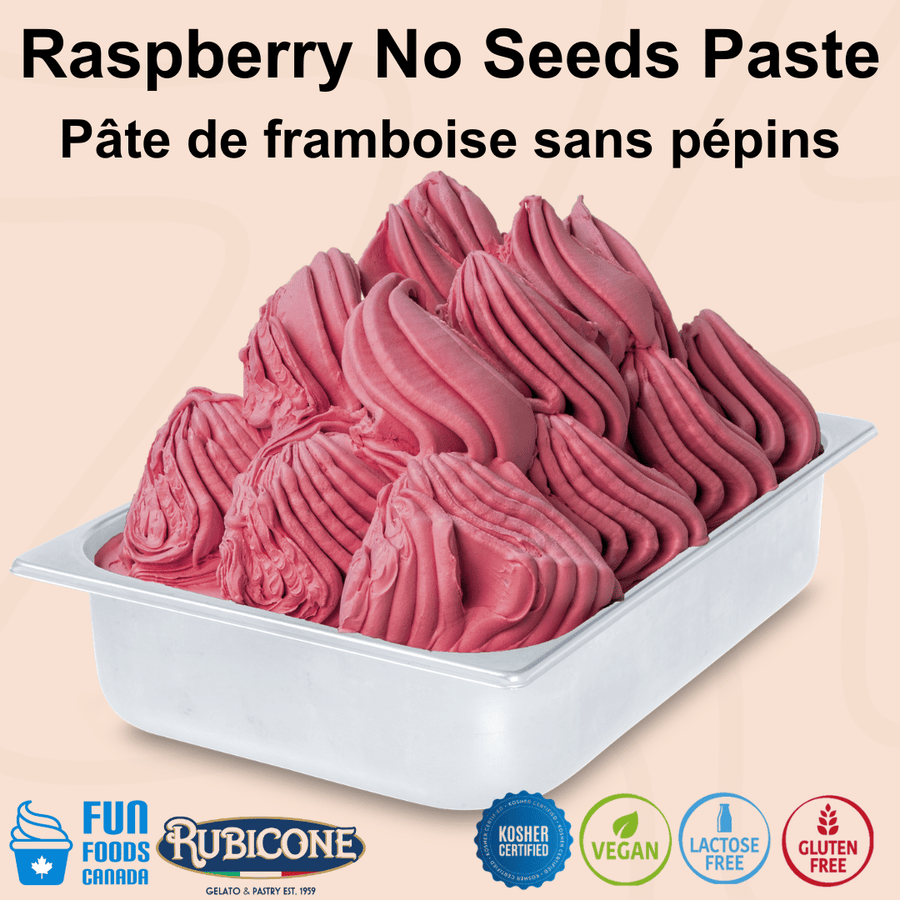Rubicone Raspberry Paste for authentic Italian gelato, shown as smooth, creamy seedless raspberry gelato with a vibrant raspberry colour in a display pan.