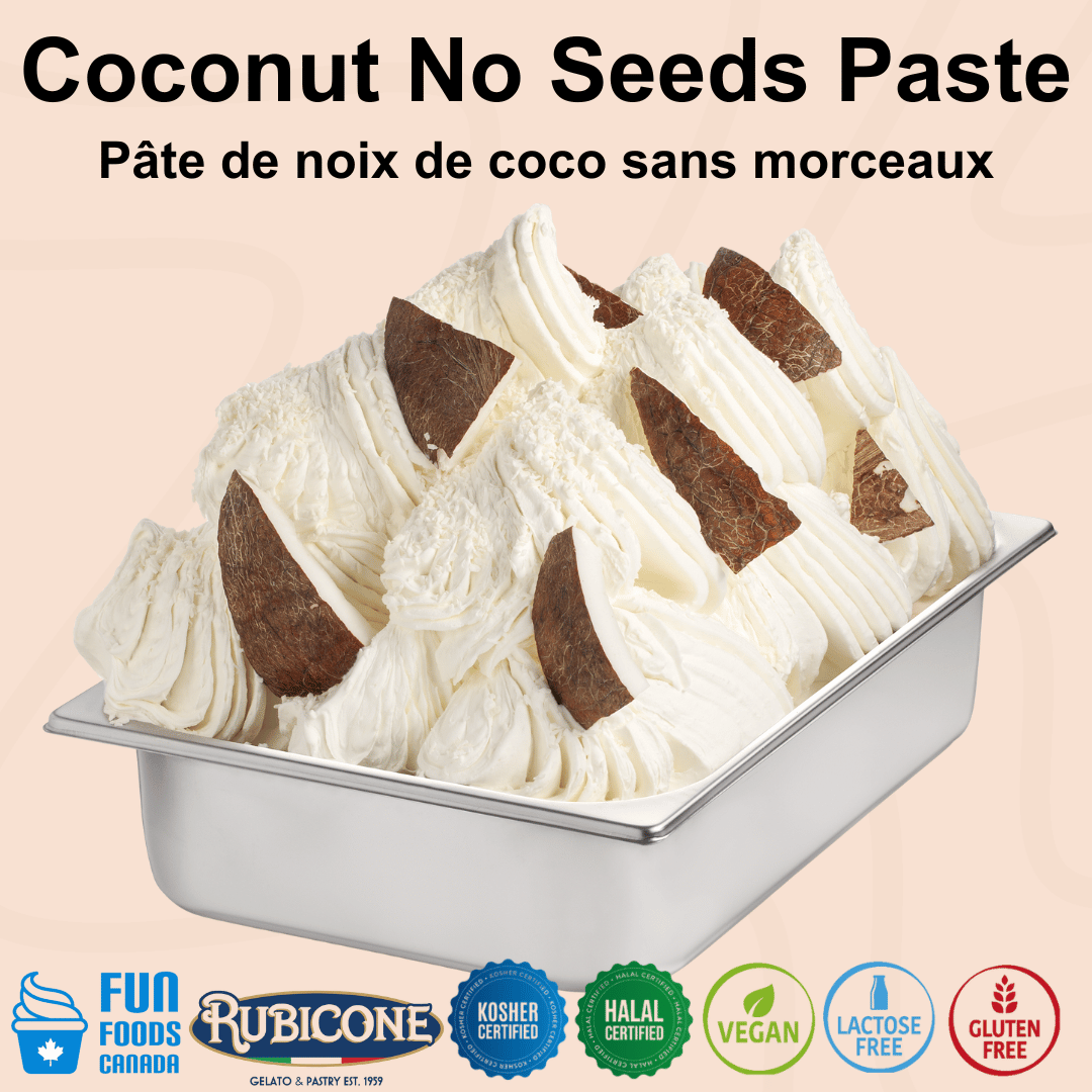 Rubicone Coconut Paste for authentic Italian gelato, shown as rich, creamy coconut gelato with a smooth, silky texture topped with coconut wedges in a display pan.