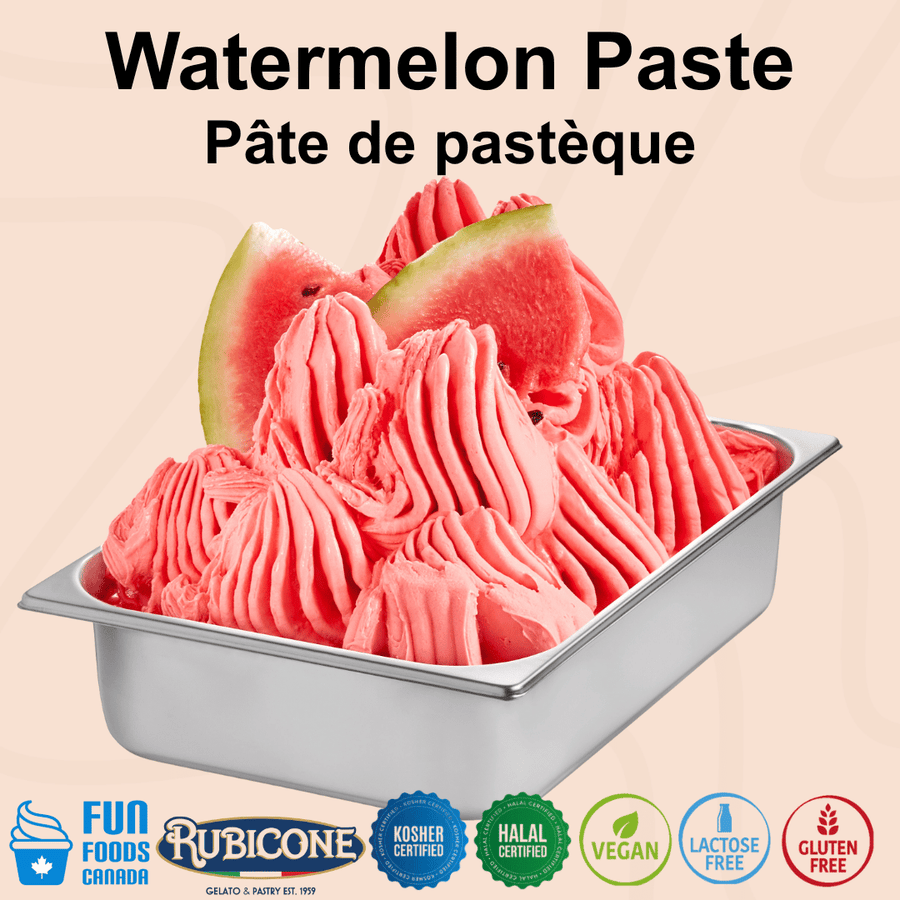 Rubicone Watermelon Paste for authentic Italian gelato, shown as smooth, creamy watermelon gelato topped with fresh watermelon slices in a display pan.
