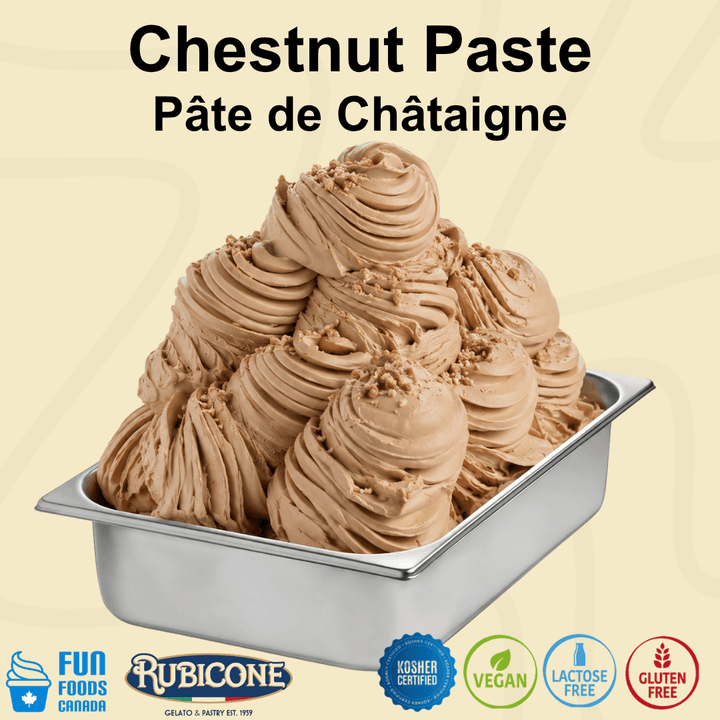 A metal tub filled with swirled chestnut paste ice cream on a light beige background, with the text 'Chestnut Paste and  Pâte de Châitaine' at the top and Rubicone, Fun Foods Canada, and certification logos at the bottom.