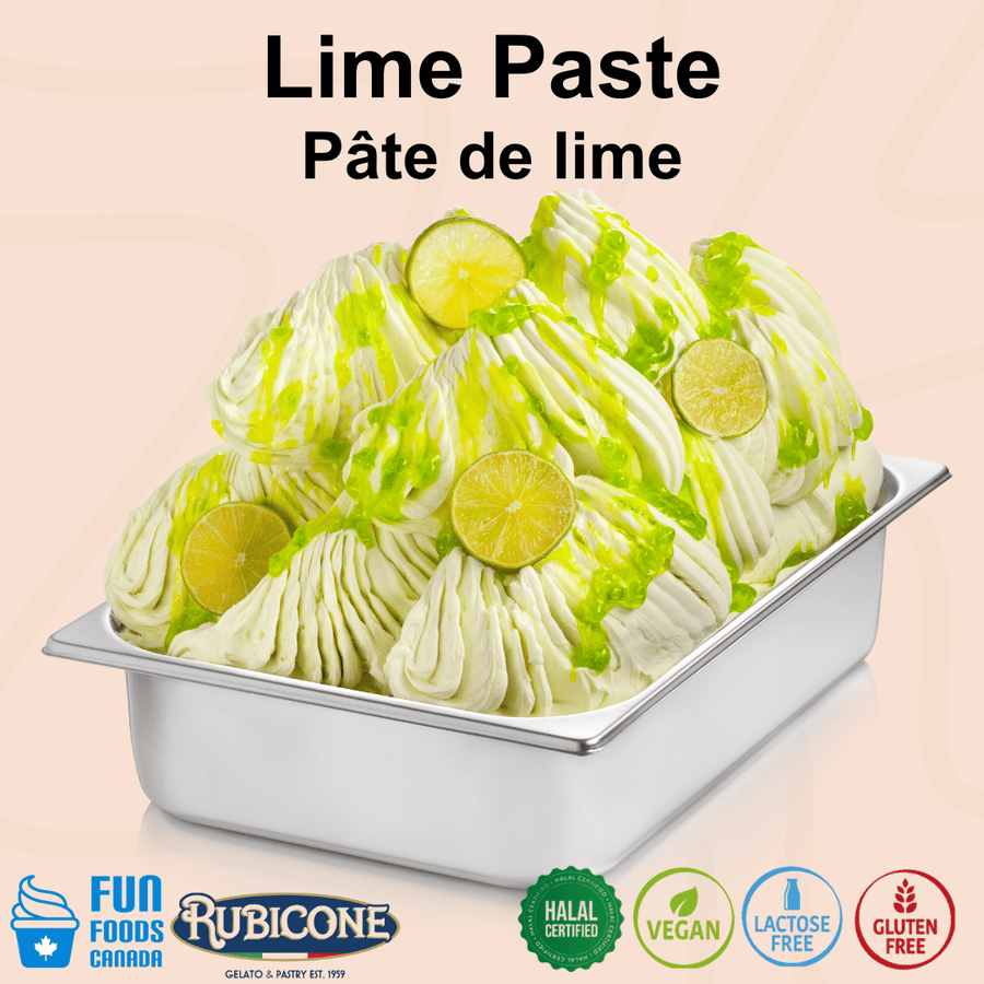 Rubicone Lime Paste for authentic Italian gelato, shown as smooth, creamy lime gelato topped with fresh lime slices in a display pan.