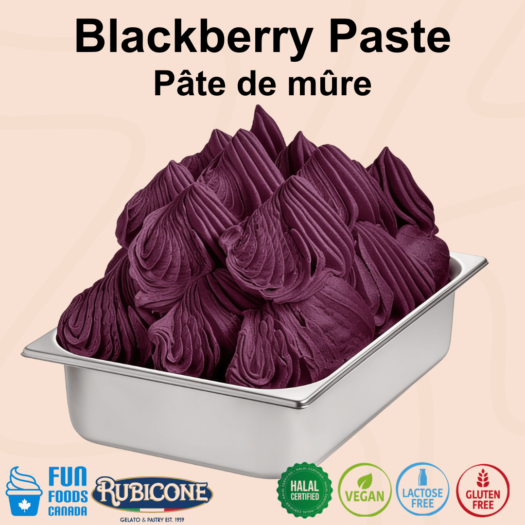 Rubicone Blackberry Paste for authentic Italian gelato, shown as smooth, creamy blackberry gelato with a rich deep purple colour in a display pan.