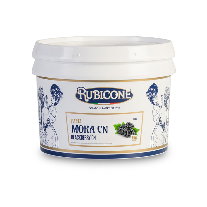 3 KG bucket of Rubicone blackberry fruit gelato paste on a white background