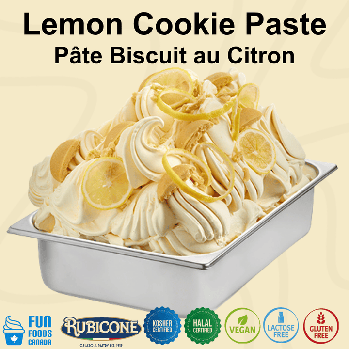 Lemon cookie gelato in a wide stainless steel gelato pan with Fun Foods Canada and Rubicone brand logos and certification badges reading: Kosher certified, Halal certified, vegan, lactose-free, and gluten-free