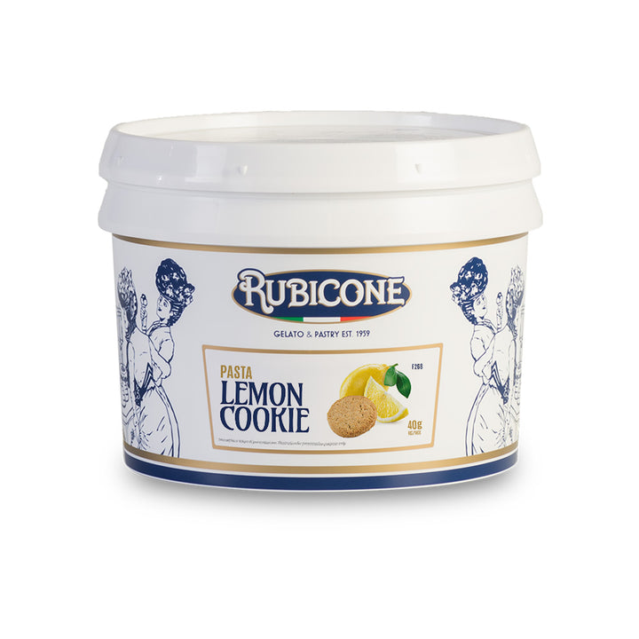 3 Kg bucket of Rubicone Lemon Cookie classic gelato paste on a white background by Rubicone Canada - Canadian distribution of Rubicone Gelato and Pastry products
