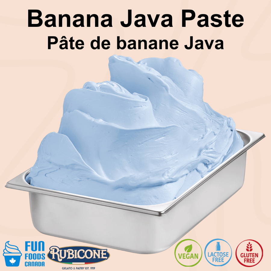 Rubicone Banana Java Paste for authentic Italian gelato, shown as vibrant blue banana-inspired gelato with a smooth, creamy texture in a display pan.