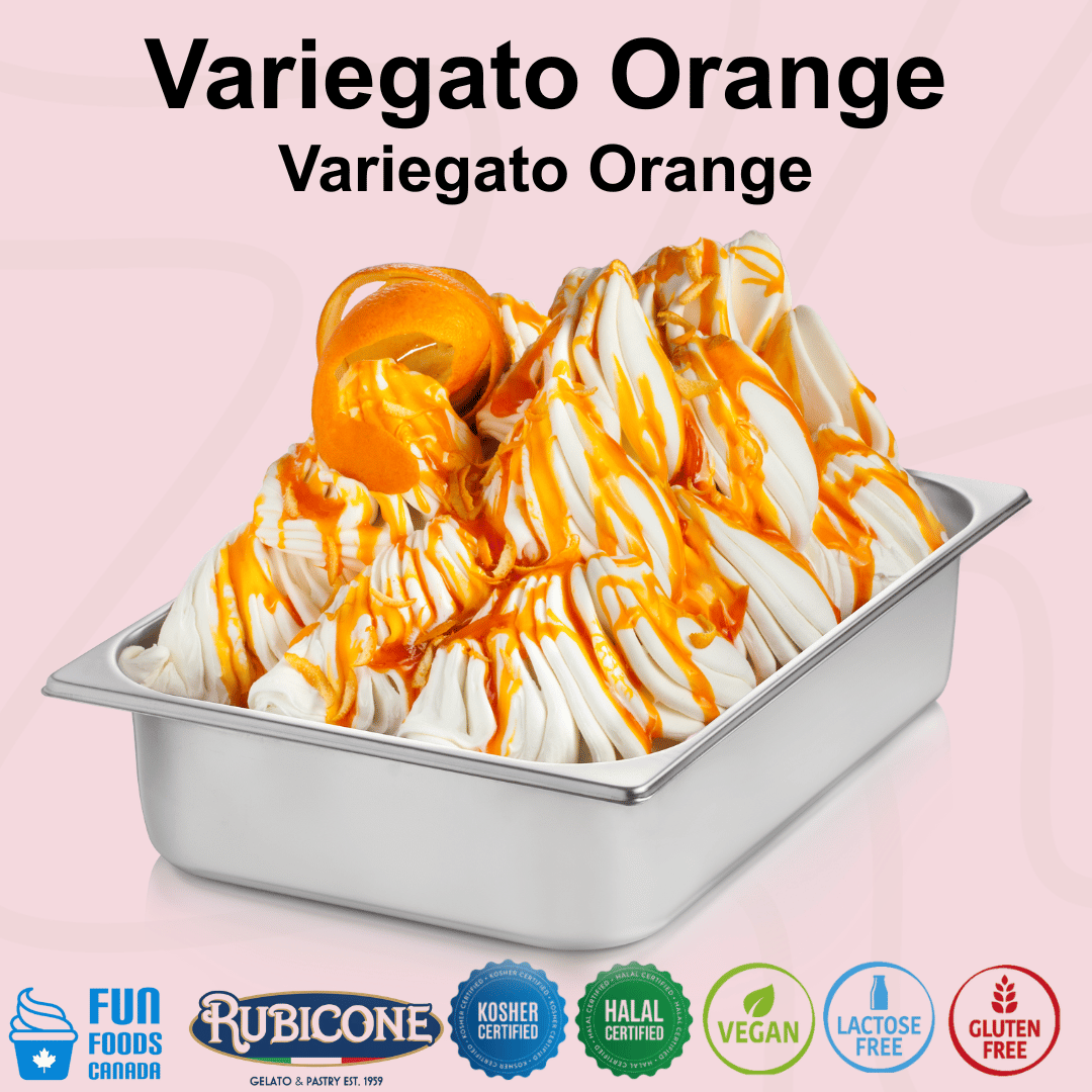Rubicone Variegato Orange gelato variegate featuring vibrant orange sauce with candied orange peel. Ideal for gelato, ice cream, frozen yogurt and desserts. Kosher, Halal, vegan, lactose free and gluten free.