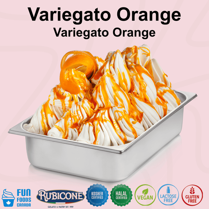 Rubicone Variegato Orange gelato variegate featuring vibrant orange sauce with candied orange peel. Ideal for gelato, ice cream, frozen yogurt and desserts. Kosher, Halal, vegan, lactose free and gluten free.