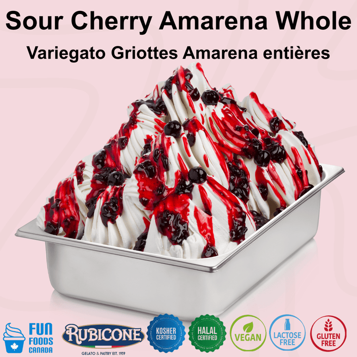 Rubicone Sour Cherry Amarena Whole gelato variegate featuring whole Amarena sour cherries in a rich cherry sauce. Ideal for gelato, ice cream, frozen yogurt and desserts. Kosher, Halal, vegan, lactose free and gluten free.
