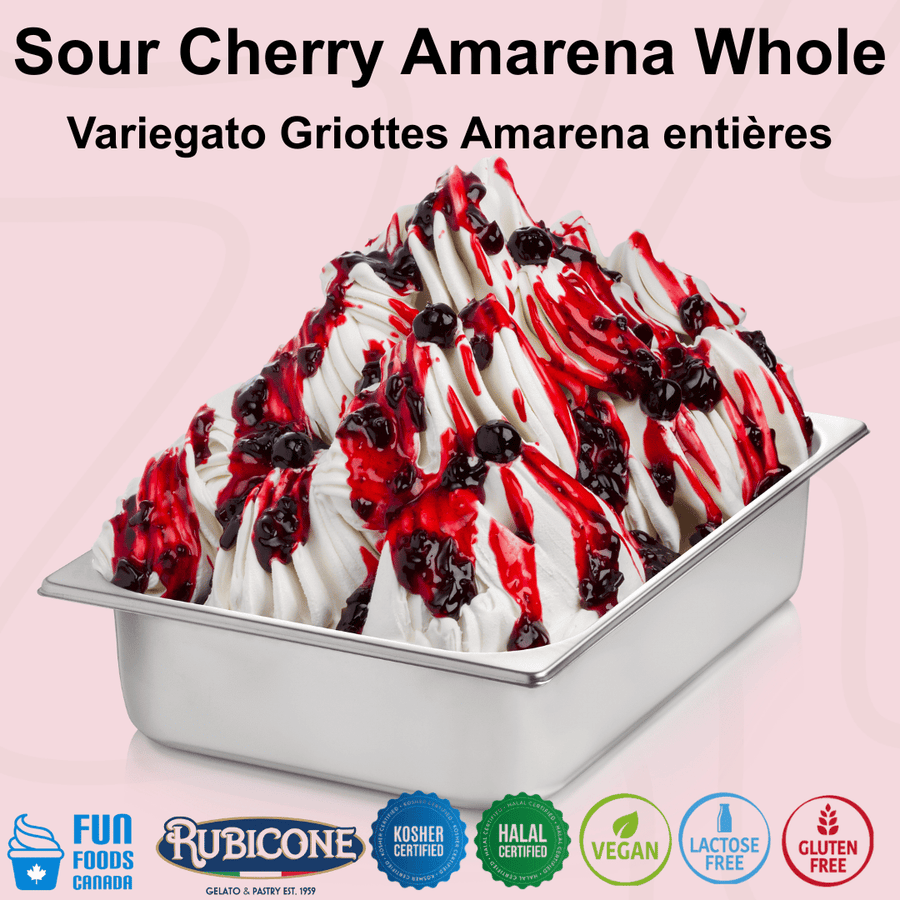 Rubicone Sour Cherry Amarena Whole gelato variegate featuring whole Amarena sour cherries in a rich cherry sauce. Ideal for gelato, ice cream, frozen yogurt and desserts. Kosher, Halal, vegan, lactose free and gluten free.
