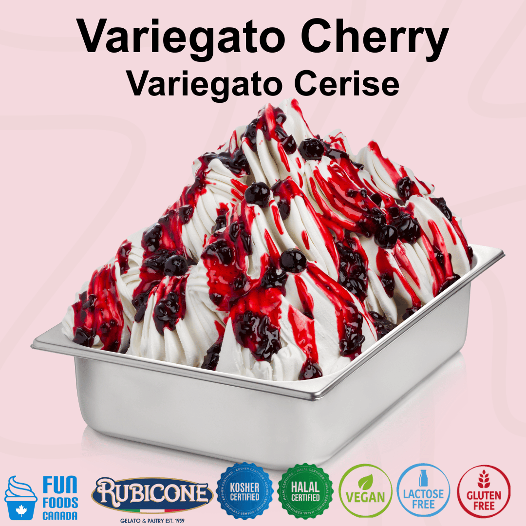 Rubicone Variegato Cherry gelato variegate featuring rich cherry sauce with sour cherry chunks. Ideal for gelato, ice cream, frozen yogurt and desserts. Kosher, Halal, vegan, lactose free and gluten free.