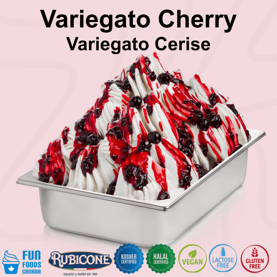 Rubicone Variegato Cherry gelato variegate featuring rich cherry sauce with sour cherry chunks. Ideal for gelato, ice cream, frozen yogurt and desserts. Kosher, Halal, vegan, lactose free and gluten free.