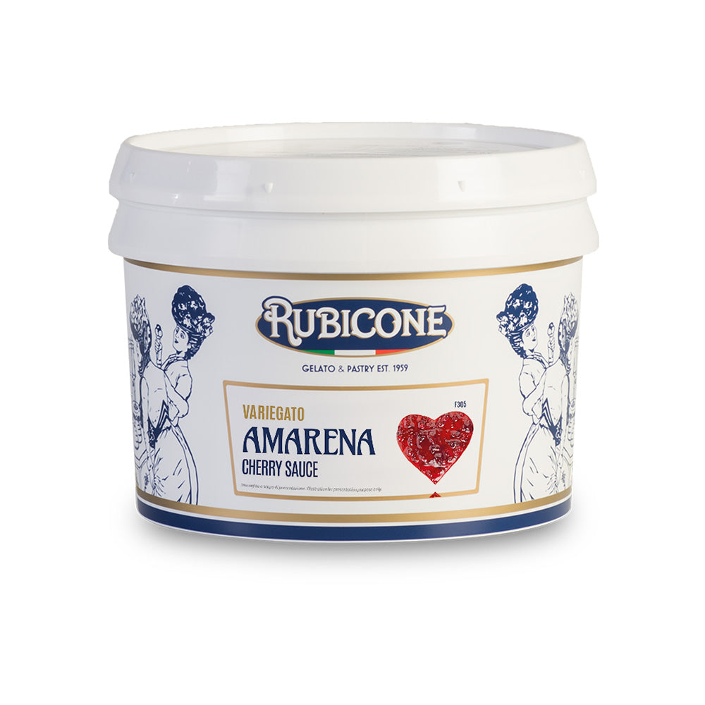 Rubicone Cherry Variegate, sour cherry sundae topping, 3 KG bucket on a white background