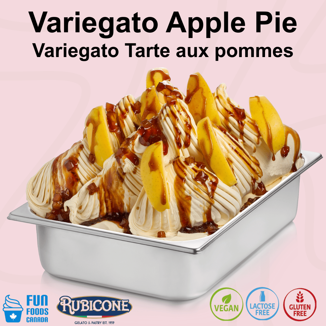 Rubicone Variegato Apple Pie gelato variegate featuring apple pieces in a rich cinnamon caramel sauce. Ideal for gelato, ice cream, frozen yogurt and desserts. Vegan, lactose free and gluten free.