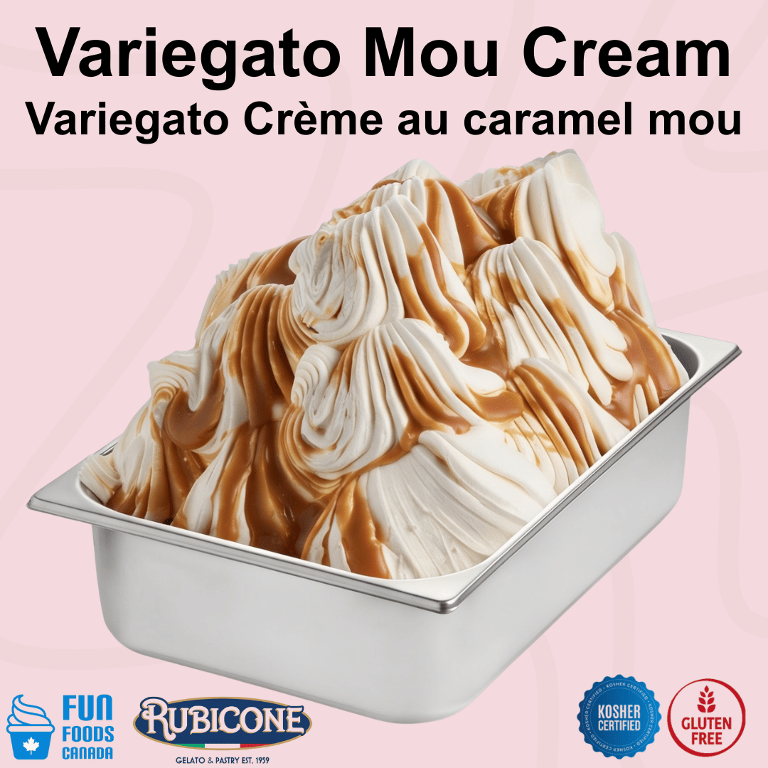 Rubicone Variegato Mou Cream gelato variegate featuring smooth salted caramel cream with a rich caramel flavour. Ideal for gelato, ice cream, frozen yogurt and desserts. Kosher and gluten free.
