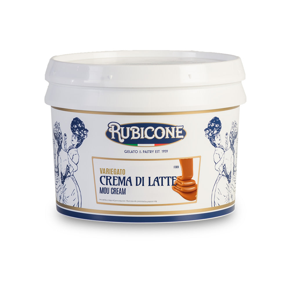 3 KG bucket of Rubicone Mou Cream - Variegato Crema Di Latte - Smooth caramel sauce on a white background