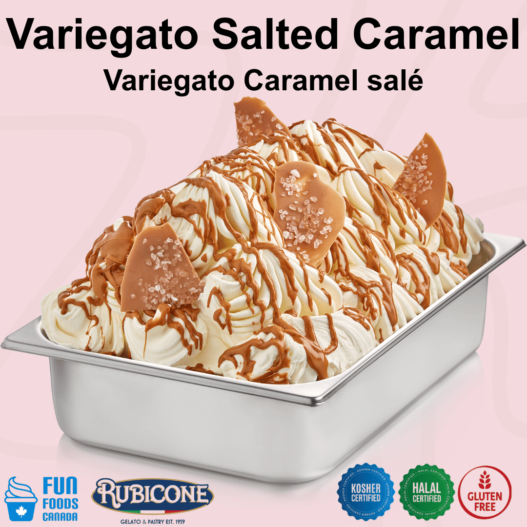 Rubicone Variegato Salted Caramel gelato variegate featuring rich salted caramel sauce with crunchy salted caramel pieces. Perfect for decorating and flavouring gelato, ice cream, frozen yogurt and desserts.