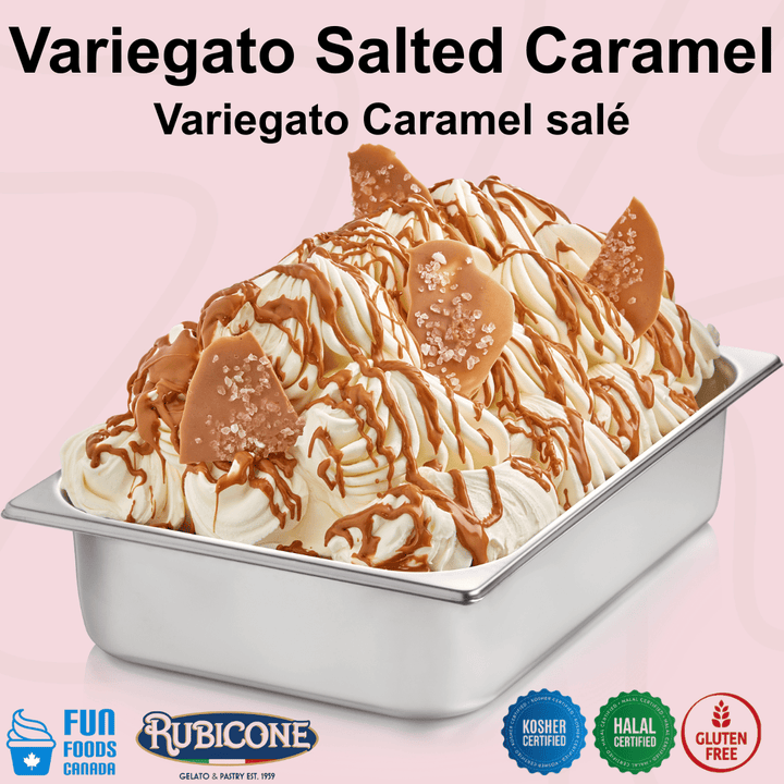 Rubicone Variegato Salted Caramel gelato variegate featuring rich salted caramel sauce with crunchy salted caramel pieces. Perfect for decorating and flavouring gelato, ice cream, frozen yogurt and desserts.