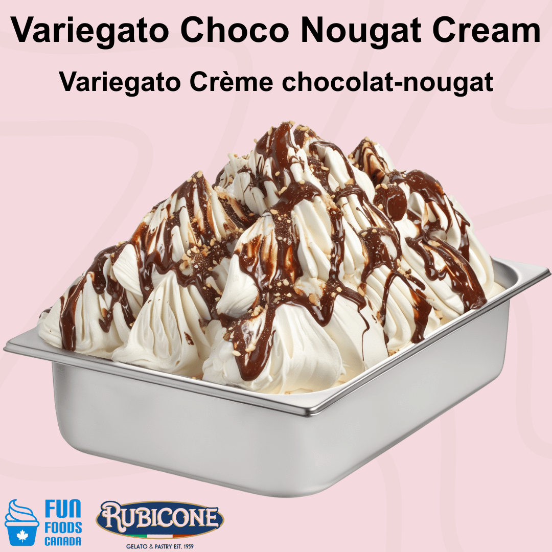 Rubicone Variegato Choco Nougat Cream gelato variegate featuring rich chocolate hazelnut cream with chopped hazelnuts and crunchy biscuit pieces. Ideal for gelato, ice cream, frozen yogurt and desserts.
