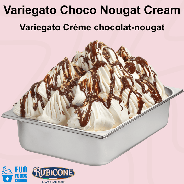Rubicone Variegato Choco Nougat Cream gelato variegate featuring rich chocolate hazelnut cream with chopped hazelnuts and crunchy biscuit pieces. Ideal for gelato, ice cream, frozen yogurt and desserts.