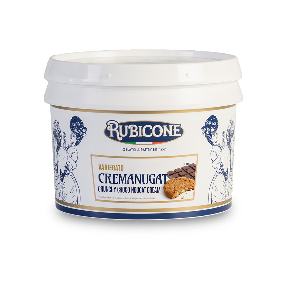 3 KG bucket of Rubicone Crunchy Choco Nougat Cream sundae dessert topping - Variegato Cremanugat - on a white background 