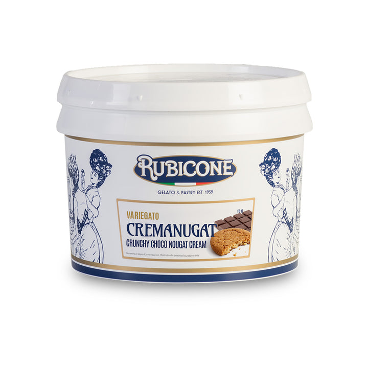 3 KG bucket of Rubicone Crunchy Choco Nougat Cream sundae dessert topping - Variegato Cremanugat - on a white background 