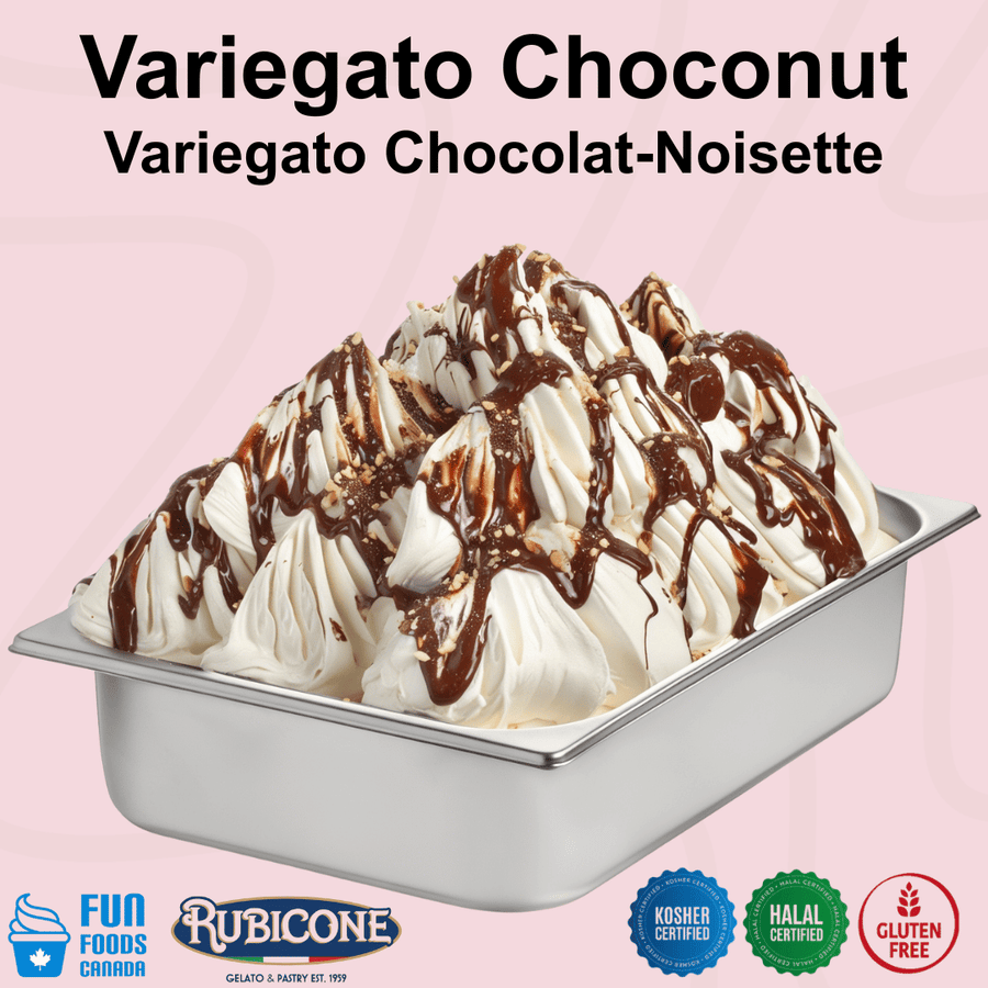 Rubicone Variegato Choconut gelato variegate featuring rich chocolate and hazelnut sauce with chopped hazelnuts. Ideal for gelato, ice cream, frozen yogurt and desserts. Kosher, Halal and gluten free.