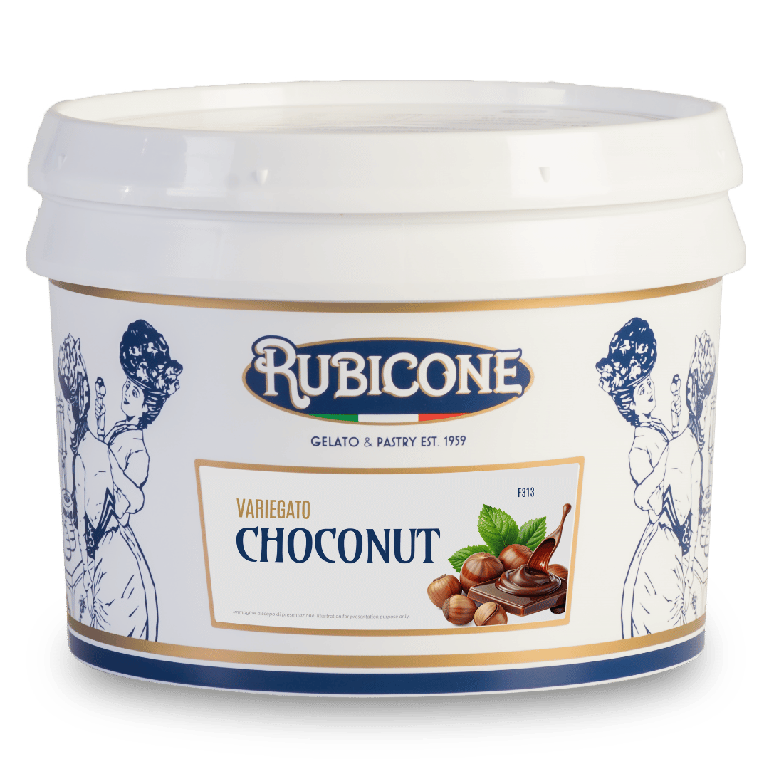 3 KG bucket of Rubicone Choconut Variegato "Chocolate Hazelnut Sundae Dessert Topping" on a white background - Canadian distribution of Rubicone Gelato and Pastry products