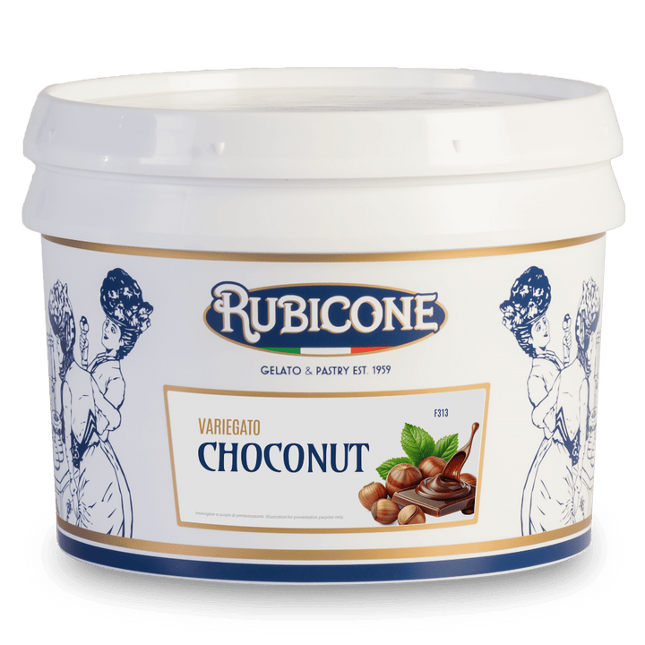 3 KG bucket of Rubicone Choconut Variegato "Chocolate Hazelnut Sundae Dessert Topping" on a white background - Canadian distribution of Rubicone Gelato and Pastry products