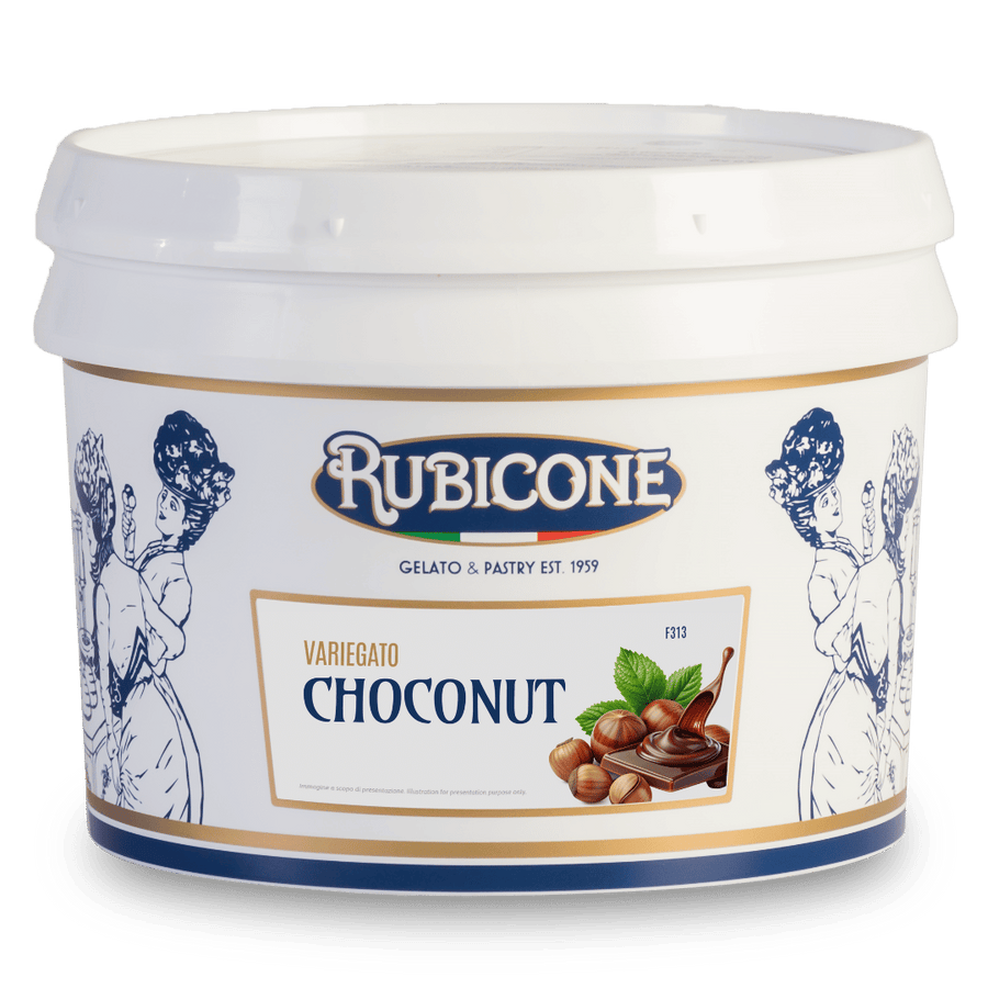 3 KG bucket of Rubicone Choconut Variegato "Chocolate Hazelnut Sundae Dessert Topping" on a white background - Canadian distribution of Rubicone Gelato and Pastry products