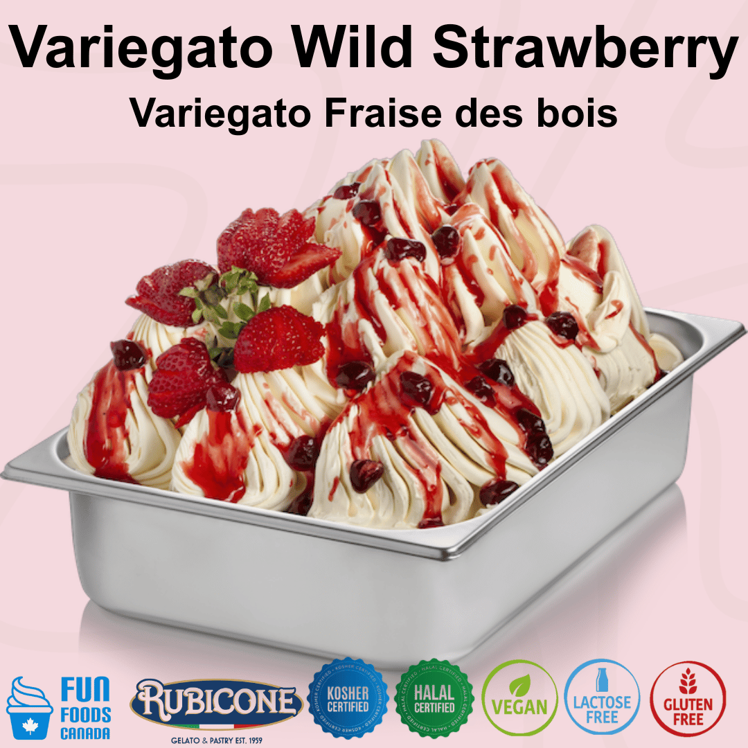 Rubicone Variegato Wild Strawberry gelato variegate featuring sweet wild strawberry sauce with whole wild strawberries and berry pieces. Perfect for decorating and flavouring gelato, ice cream, frozen yogurt and desserts. Kosher, Halal, Vegan, Lactose-free, Gluten-free