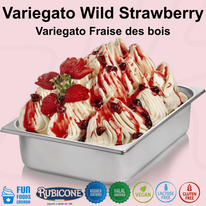 Rubicone Variegato Wild Strawberry gelato variegate featuring sweet wild strawberry sauce with whole wild strawberries and berry pieces. Perfect for decorating and flavouring gelato, ice cream, frozen yogurt and desserts. Kosher, Halal, Vegan, Lactose-free, Gluten-free